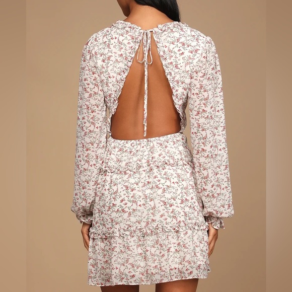 Ivory Floral Print Ruffled Backless Mini Dress | XS 🌺 - Picture 4 of 5